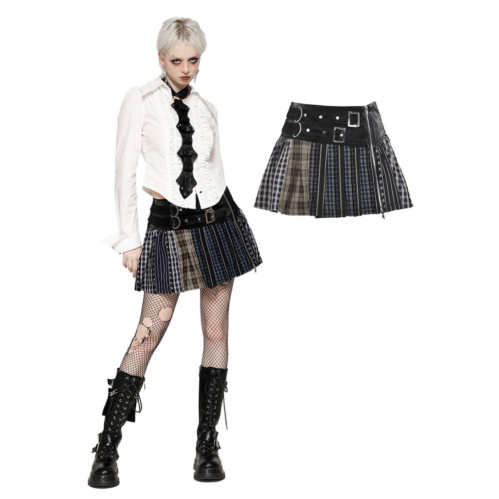 Dark in Love - Colorful Plaid Patchwork Leather-Waist Mini skirt - Black